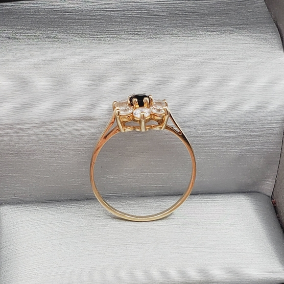 9k Solid Yellow Gold Genuine Dark Blue Sapphire & Diamond Flower Ring - Picture 2 of 9